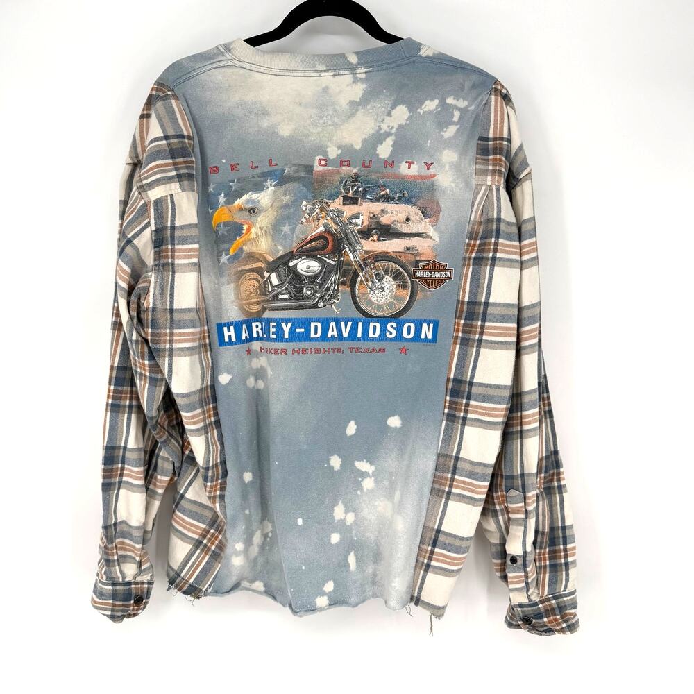 Harley Davidson Graphic Tee Flannel Upcycled Shirt XL Bleach Dye Handmade - Picture 2 of 7
